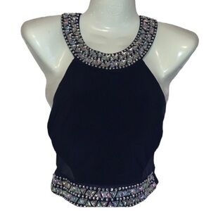 B. DARLIN TOP CROPPED SEQUINED HALTER TOP NAVY SIZE 4